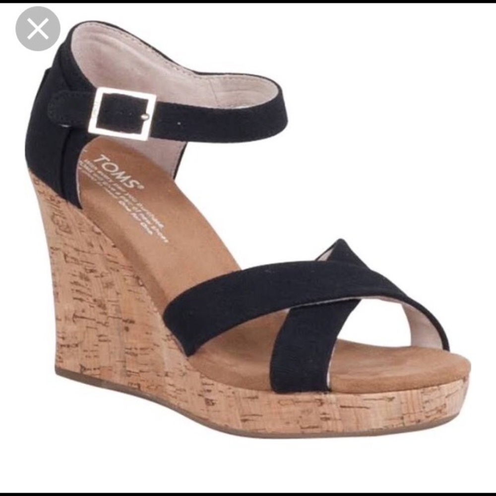 Toms Black Cork Wedge Sandals